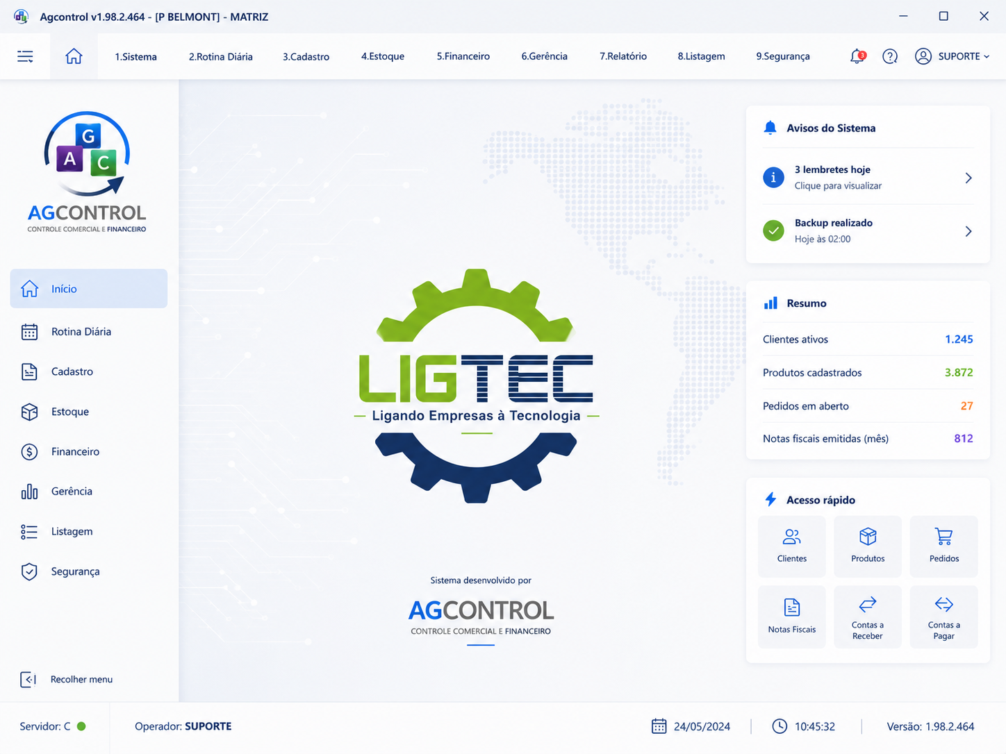 Tela do sistema AGControl no tema claro